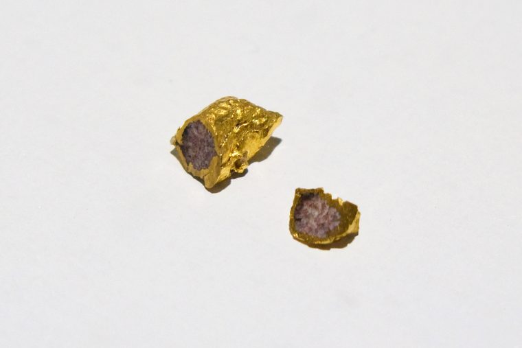 The Generic Stone, Synthetic granite, 2x3 mm, inside the golden capsule it was produced in.